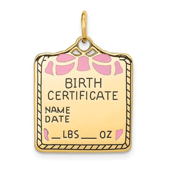 Black Bow Jewelry Co. Jewelry - 14k Yellow Gold & Pink Enamel Birth Certificate Charm or Pendant, 18mm